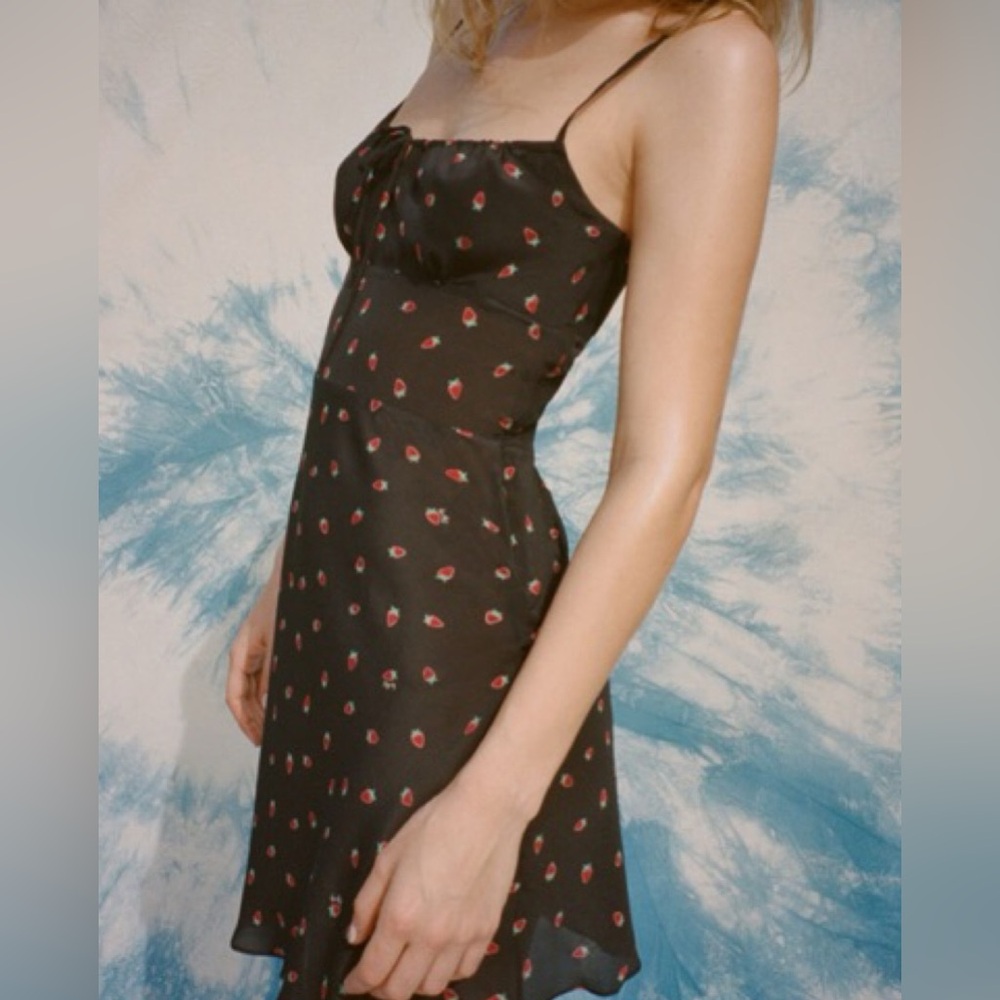 Realisation Par Black Slip Dress with Strawberry Print